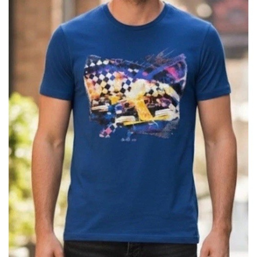 Mens L Robert Graham Cars Auto Racing Starter Flag T-Shirt Blue NASCAR